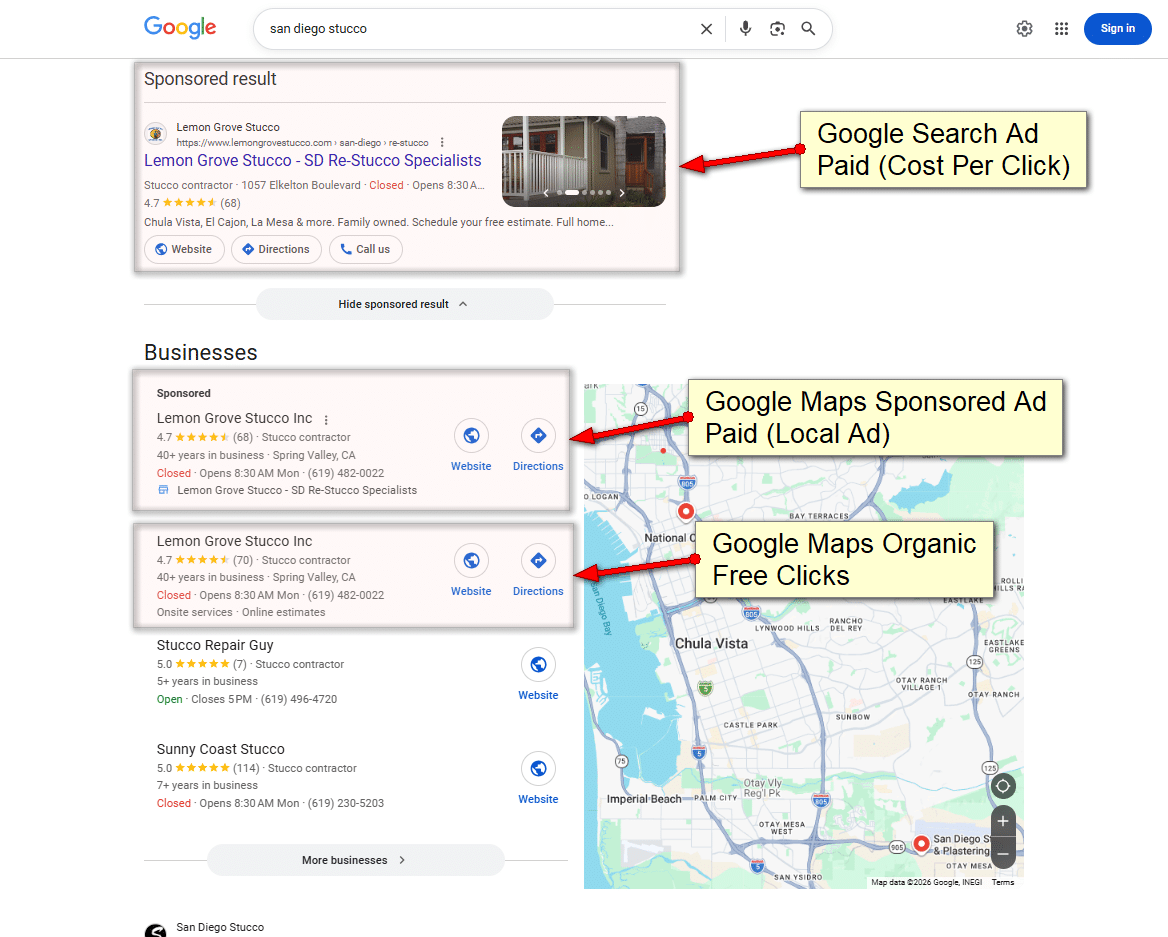 Example showing a paid Google Ads listing, a paid Google Maps ad, and an organic Google Maps listing all on one search results page